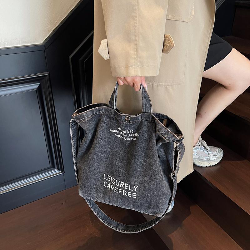 Large Capacity Retro Denim Bag Letter Print Shoulder Bag Women Crossbody Bag