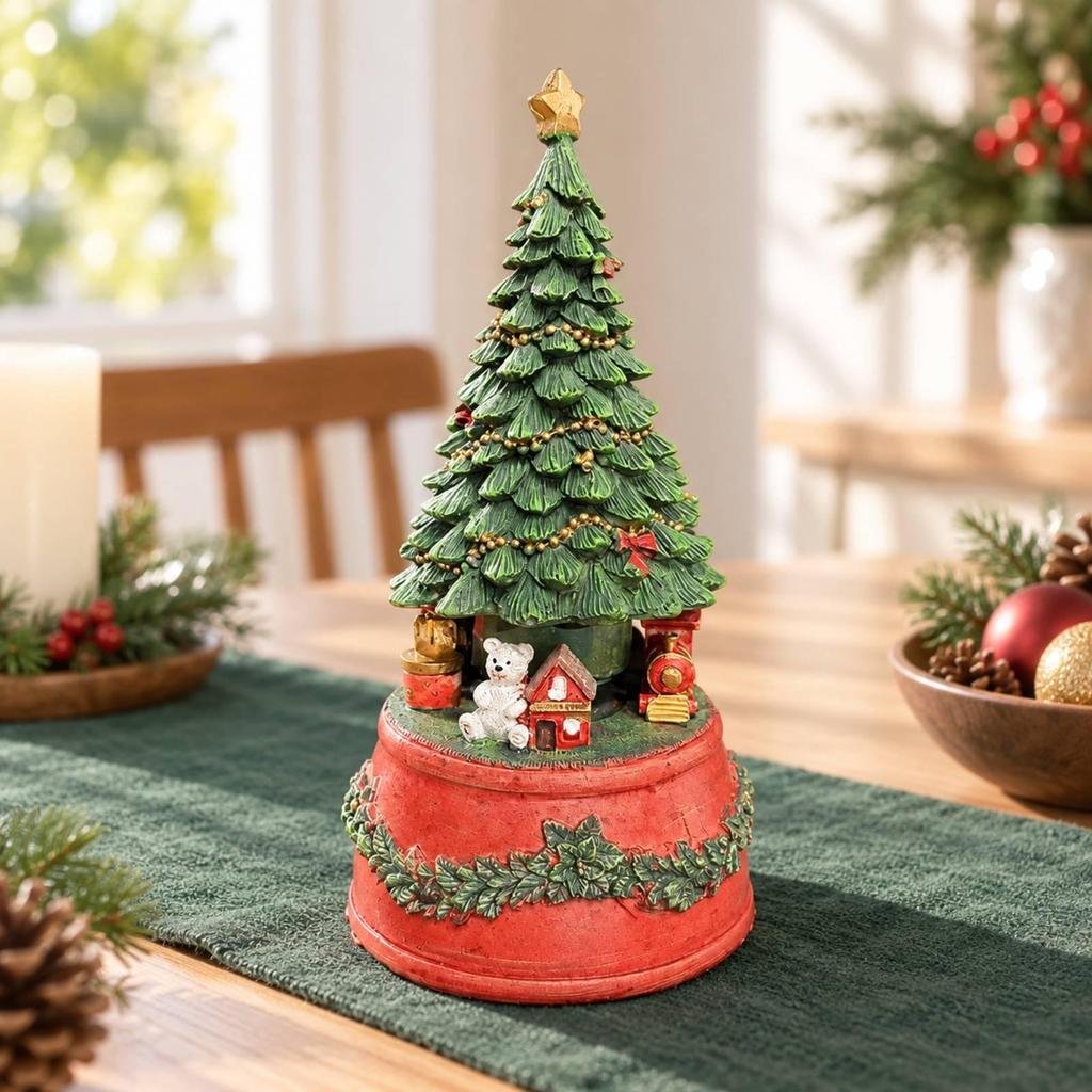 Holiday Ornament Festive Carved Conifer Tree Music Box with Decorative Base for Shelf Decoration,