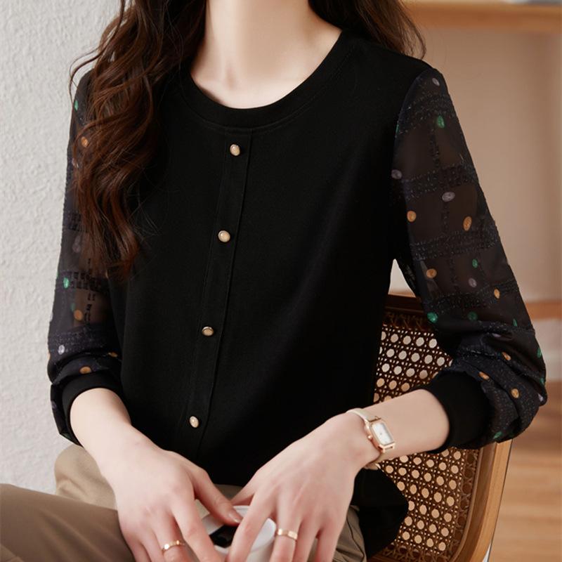 Polka Dot Long Sleeve Chiffon Blouse Women Autumn French Youthful Knit Top Patchwork Shirt