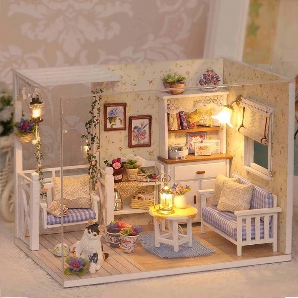 

Creative Kitten Mini Dollhouse 3D Wooden Puzzle Assembly Room Model Kits with Furniture Bedroom Decor Art Gifts Small Ornaments