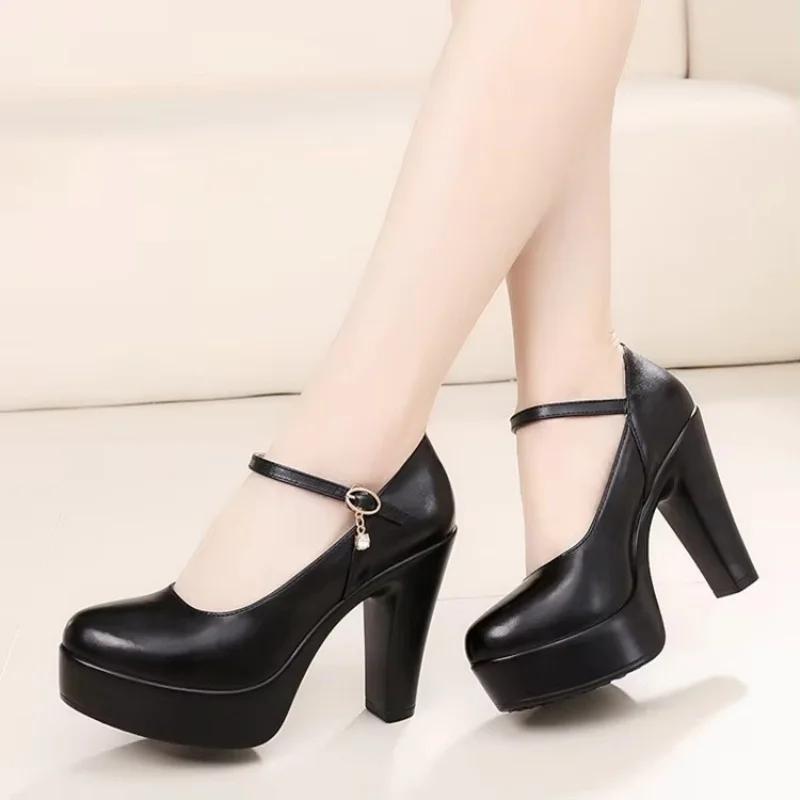 11cm Small Big Size 32-43 Shallow Genuine Leather Shoes Platform Pumps 2025 Spring Womens Block High Heels Shoes for Model Dress