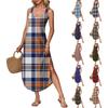 Women's Summer Long Dress, Sleeveless with Side Slits, Long Plaid Printed Vest Dress