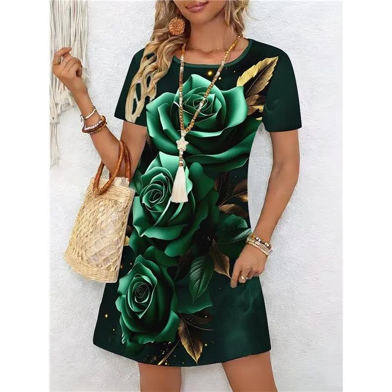 Fashion Women's Crew Neck Dress 3D Casual Color Printing Casual Short Sleeve Crew Neck Dress
