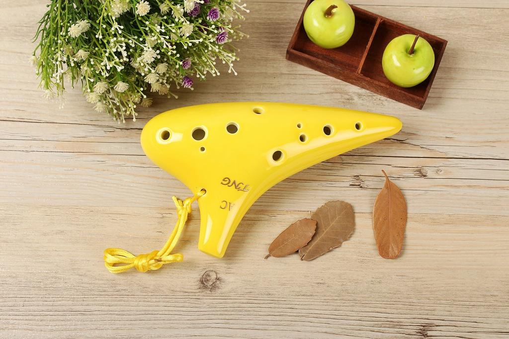 TNG Ocarina, Single [12-Hole  Alto  Yellow], Premium C Key, AC (Includes Fingering Chart), Glazed Finish, Yellow, for Wind Instruments