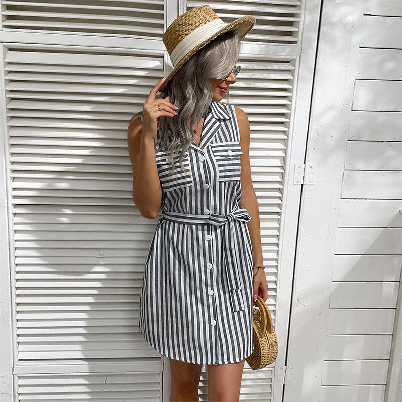 

2025 лето новое платье лацкан без рукавов полосатая рубашка юбка XL