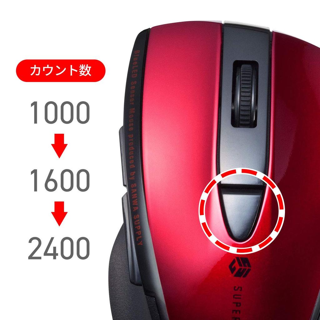 Sanwa Supply Bluetooth Mouse, Quiet, Blue LED, 5 Buttons (Back and Forward), Medium Size, Red, MA-BTBL167R