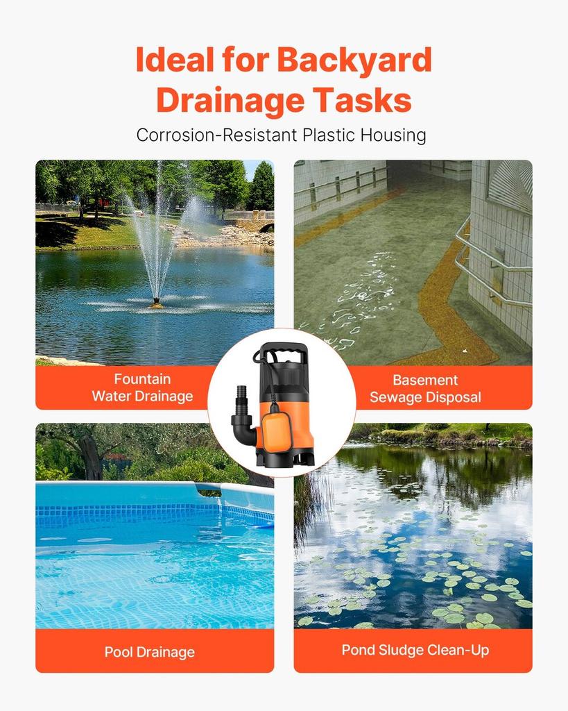 650W Submersible Sump Pump, 15000 L/H, PP-GF20 Submersible Sewage Dirty Clean Water Pump with Automatic Float Switch, Long Cord, 8M Max Lift, for