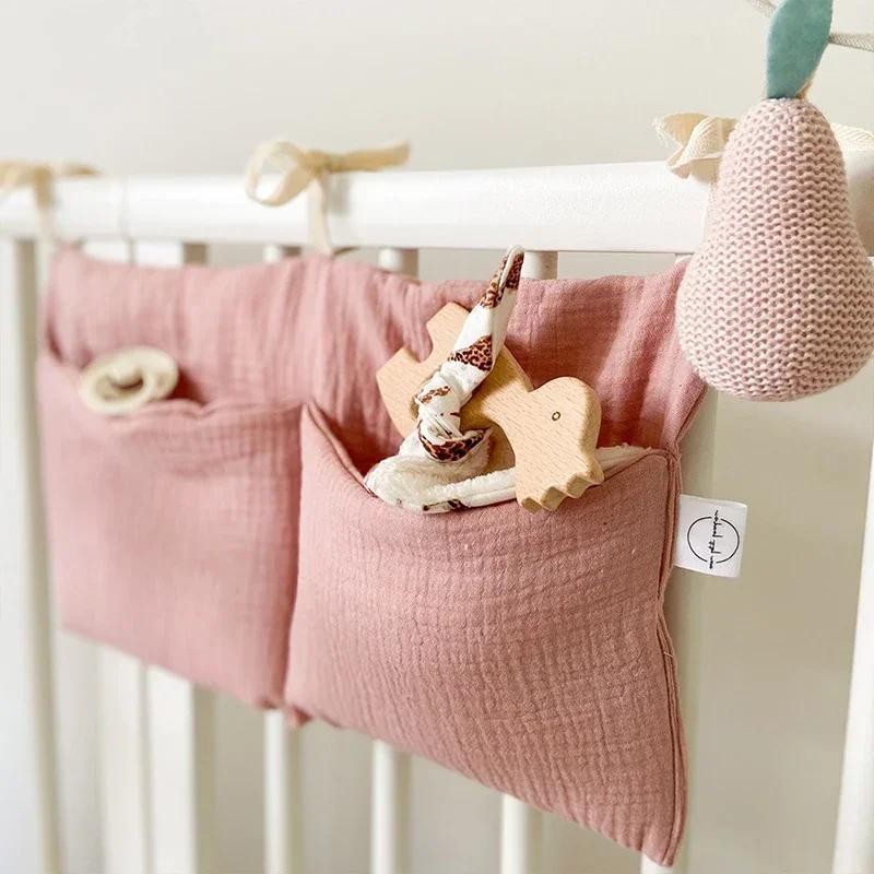 Baby Crib Storage Bag Cotton Double Pouch Newborn Bed Headboard Organizer for Kids Baby Bedding Diaper Toys Bag