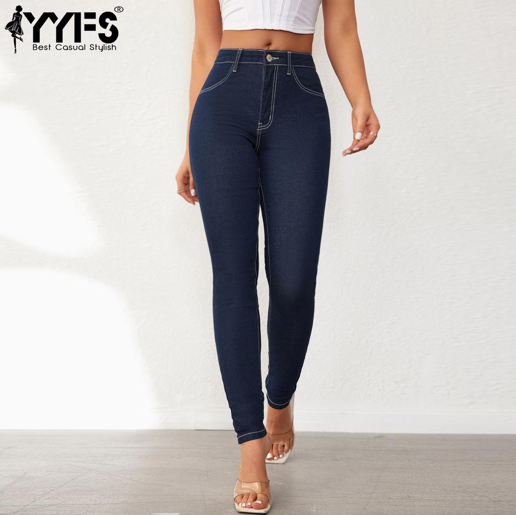 YYFS Modne damskie dżinsowe spodnie z wysokim stanem i spodnie typu casual Capris