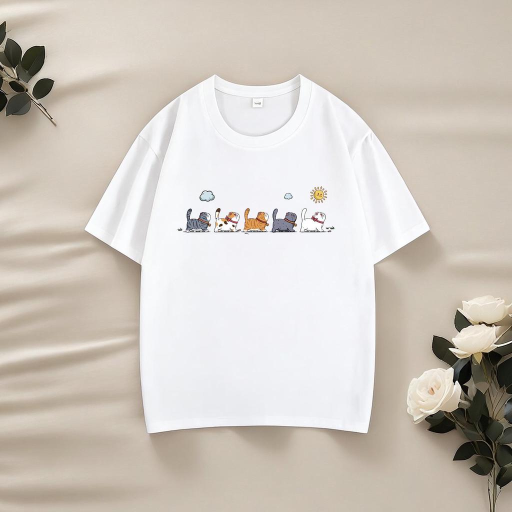 220g Barns Kammad Bomull Tecknad T-shirt – Trendig Kortärmad för Pojkar & Flickor