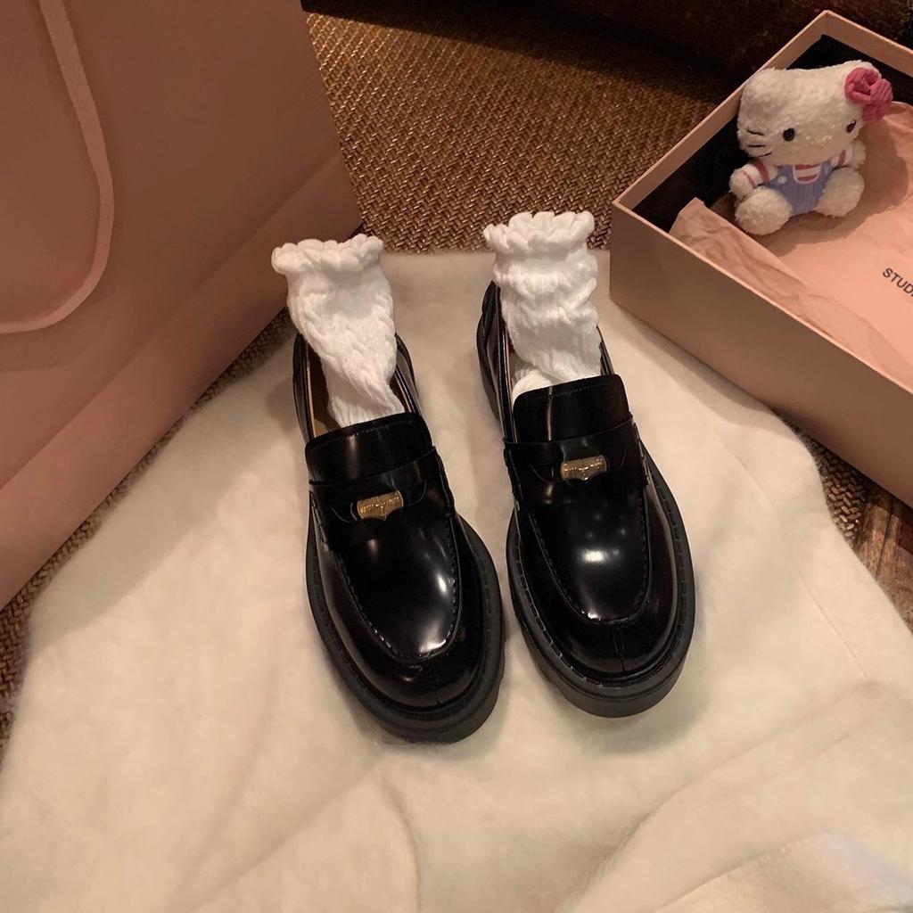 Cowhide version~ Noble gold coin round head leather shoes thick heel thick sole single shoes one pedal women