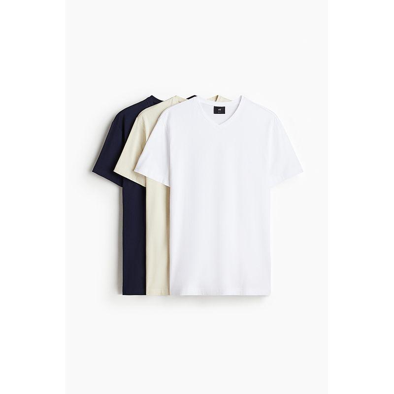 

HM Men s Clothing Women s t-shirt 3 Pieces 2025 Summer New Slim fit Couple look V-neck Short sleeve Top 1264350 White/Beige/Navy 165/84