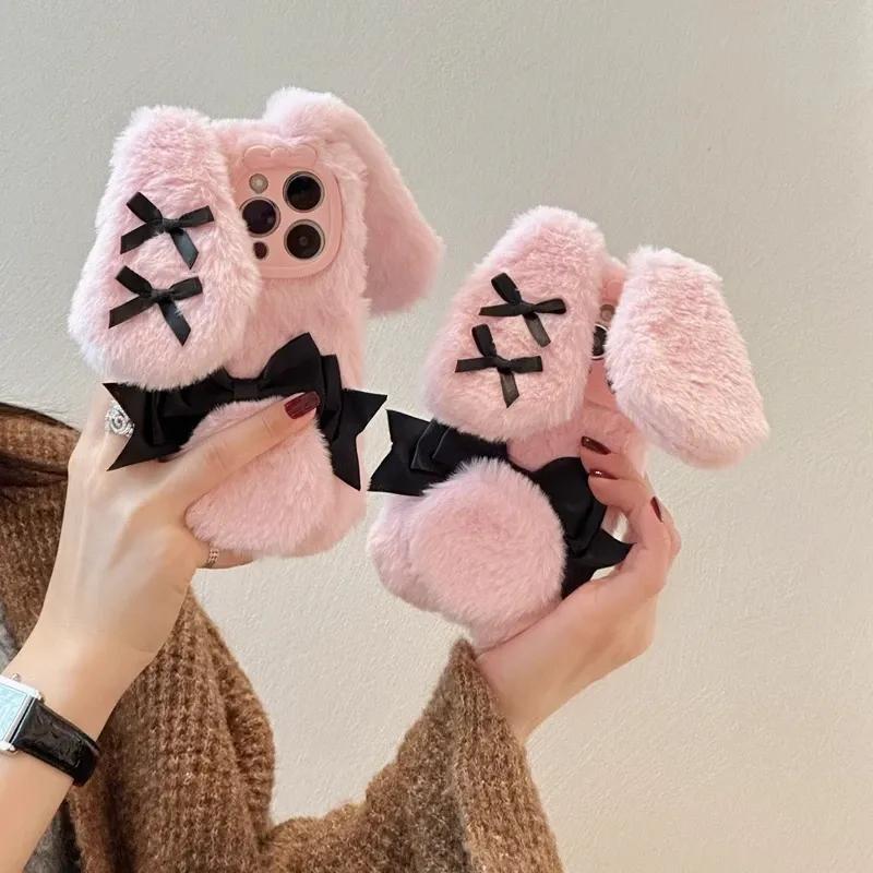 For IPhone17 16 Pro Max 15 14 13 12 11 Bow Tie Maid Bunny Plush Phone Case Fall Winter Cute Phone Protective Jacket