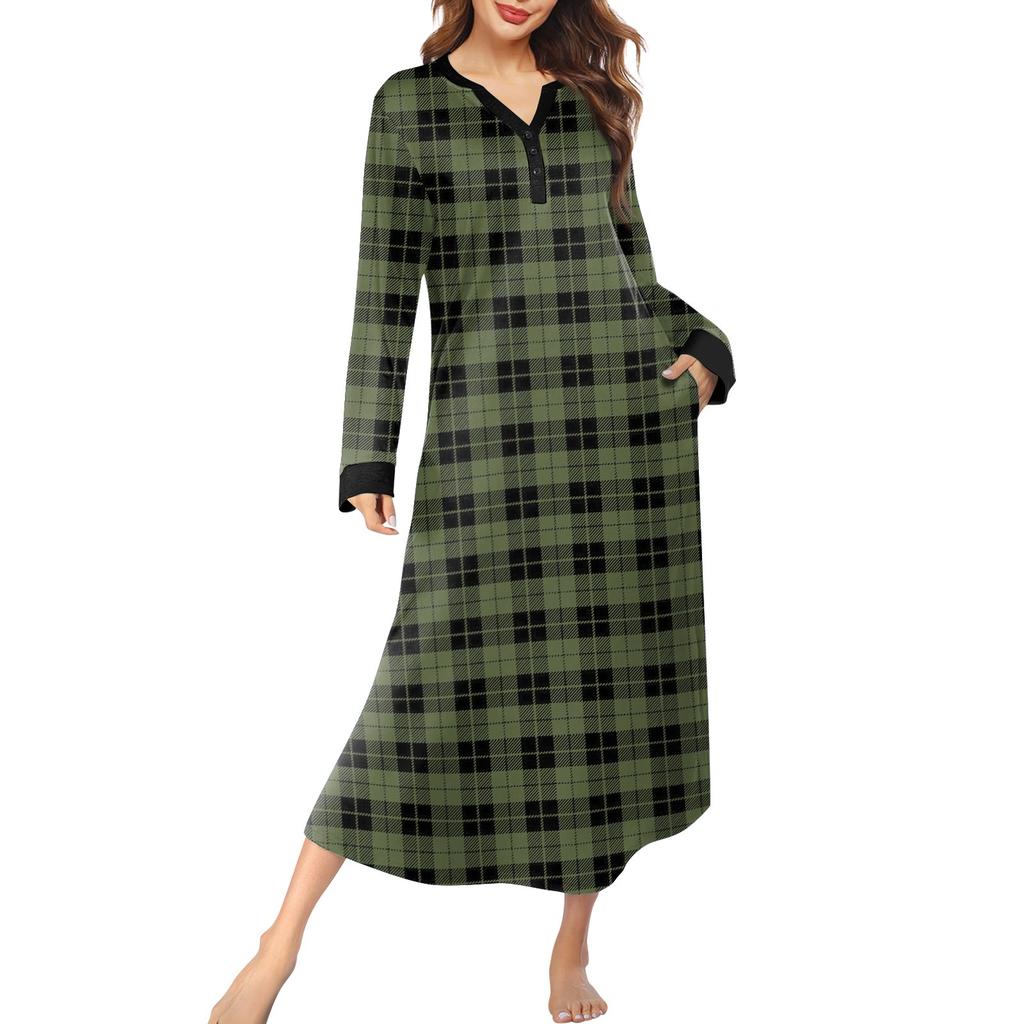Women's Nightgown Fashion Printed Long Housecoat V Neck Pajamas With Pockets Dress