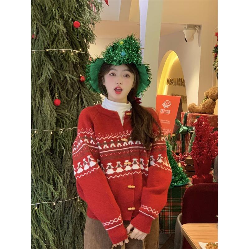 

Retro horn button sweater jacket women s autumn and winter new atmosphere Christmas versatile knitted cardigan one size fits all красный