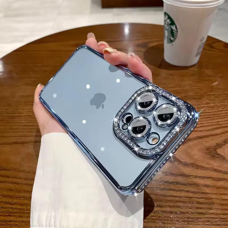iPhone 17 Pro Max Rhinestone Lens Case: Drop-Proof, Electroplated Soft Shell, Transparent, Compatible with iPhone 14/13
