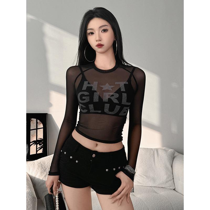 American Spice Girl Style Retro Alphabet Printing Crew Neck Long Sleeve T-Shirt Sexy Pure Perspective Short Top