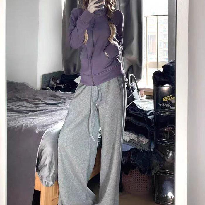 Women s New Style Retro Purple Hooded Sweatshirt Jacket with Waist-Cinched Zipper Cardigan Design Extra Large