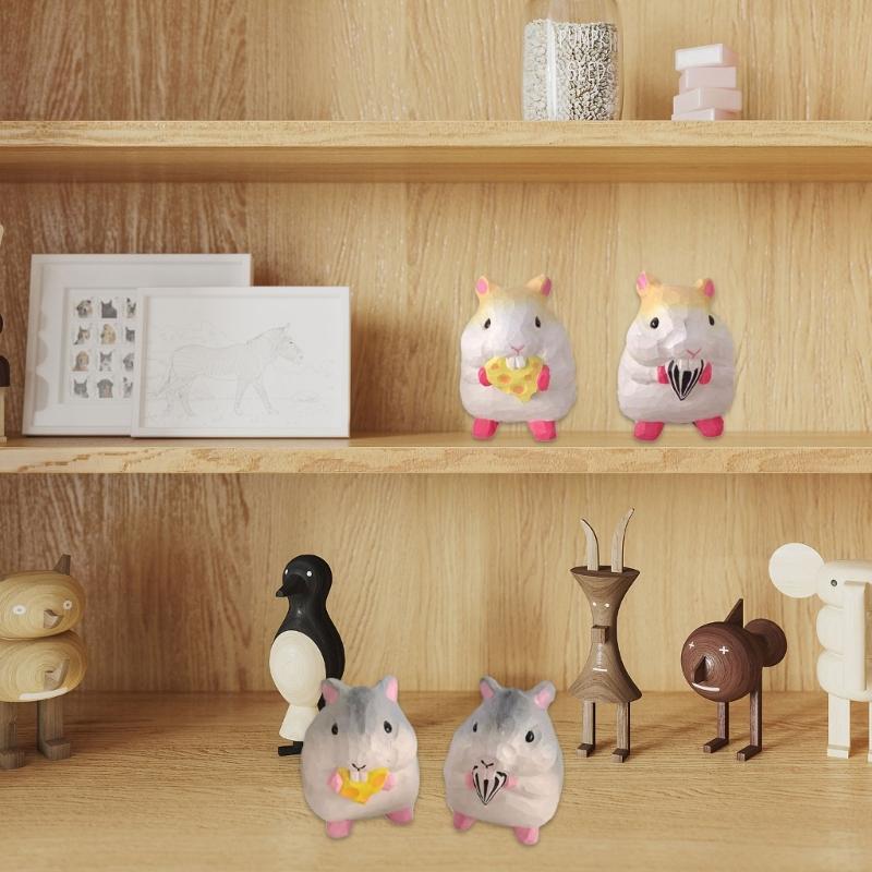 Miniature Foodie Hamster Figurine Fun Wooden Carvings Animal Statue Ornament for Nursery and Bedroom Desktop Decors Gift