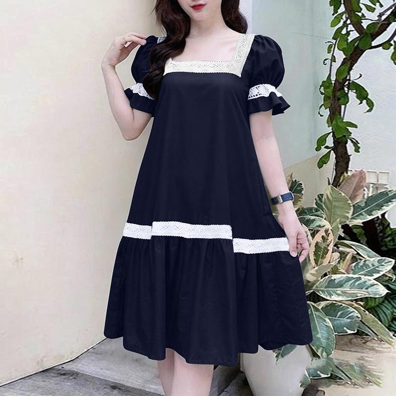 ZANZEA Women Lace Splice Square Collar Loose Casual Short Sleeve Dress M