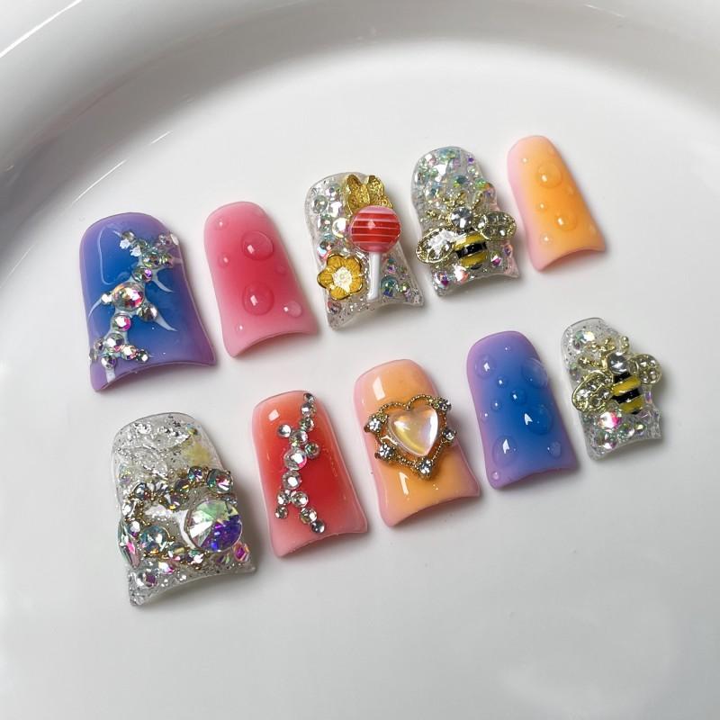 Gel Nail Tips Short Duckbill Style Press-On Nails With Starry Sky Design Sweet Cool Spicy Girl Effect
