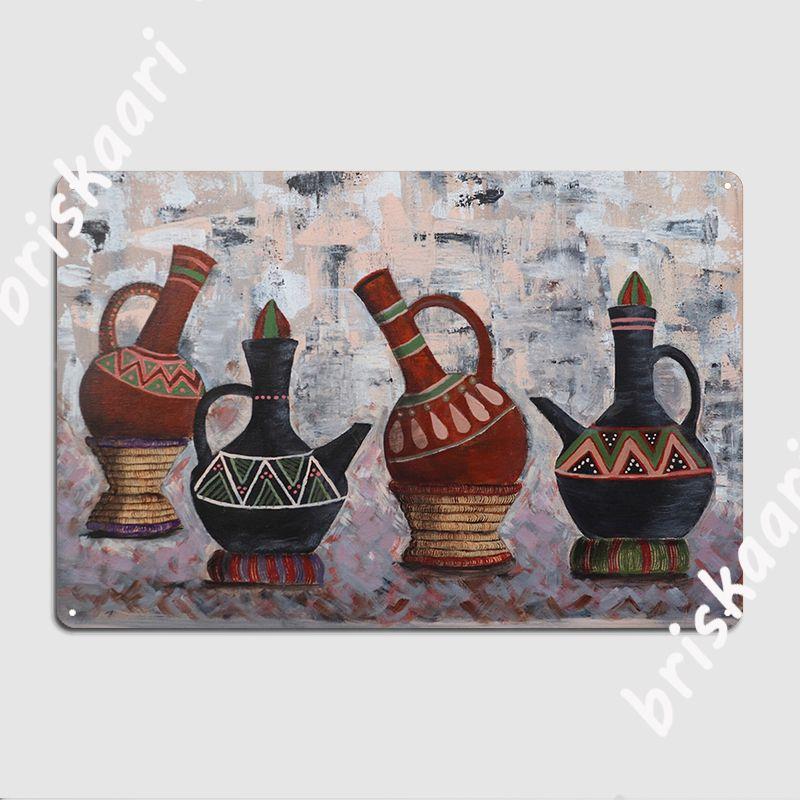 

Habesha Traditional Coffee Pots Four Jabenas East African Coffee Painting Poster Metal Plaque Classic Garage Decoration 20x30cm（7.8x11.8inch）