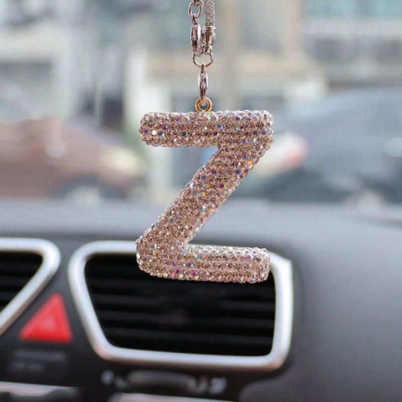 1pc Rhinestone A-Z Letter Car Rearview Mirror Pendant, Car Interior Decor