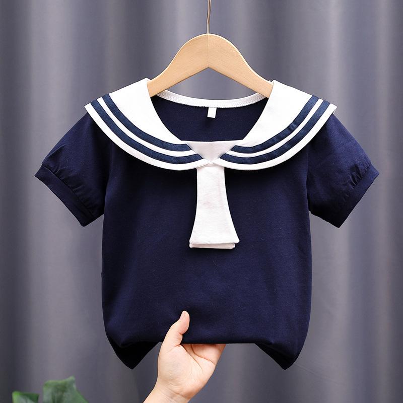 Dívčí bavlněné tričko s námořnickým límcem ve vysokém korejském stylu - Krátký rukáv, Letní móda pro malé dívky, Velikost 6
