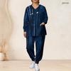 Women Plus Size Dark Blue Printed V Neck Long Sleeve Scrub Two Piece Set With Pockets
