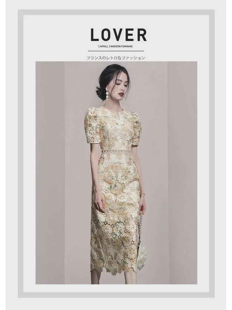 Lehce luxusní vyšívané krajkové šaty odhalující pas - Dámská letní dopaminová boková sukně