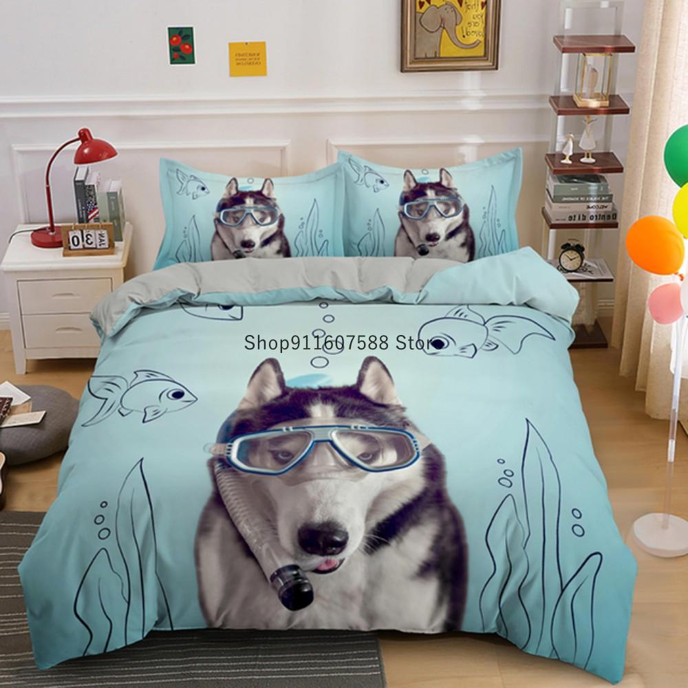 Zvíře Pes Husky Povlak na přikrývku Dospělí Děti Domácí textil Roztomilé Povlečení 2/3 Ložní soupravy Manželská postel King Full Size Dekor Domov