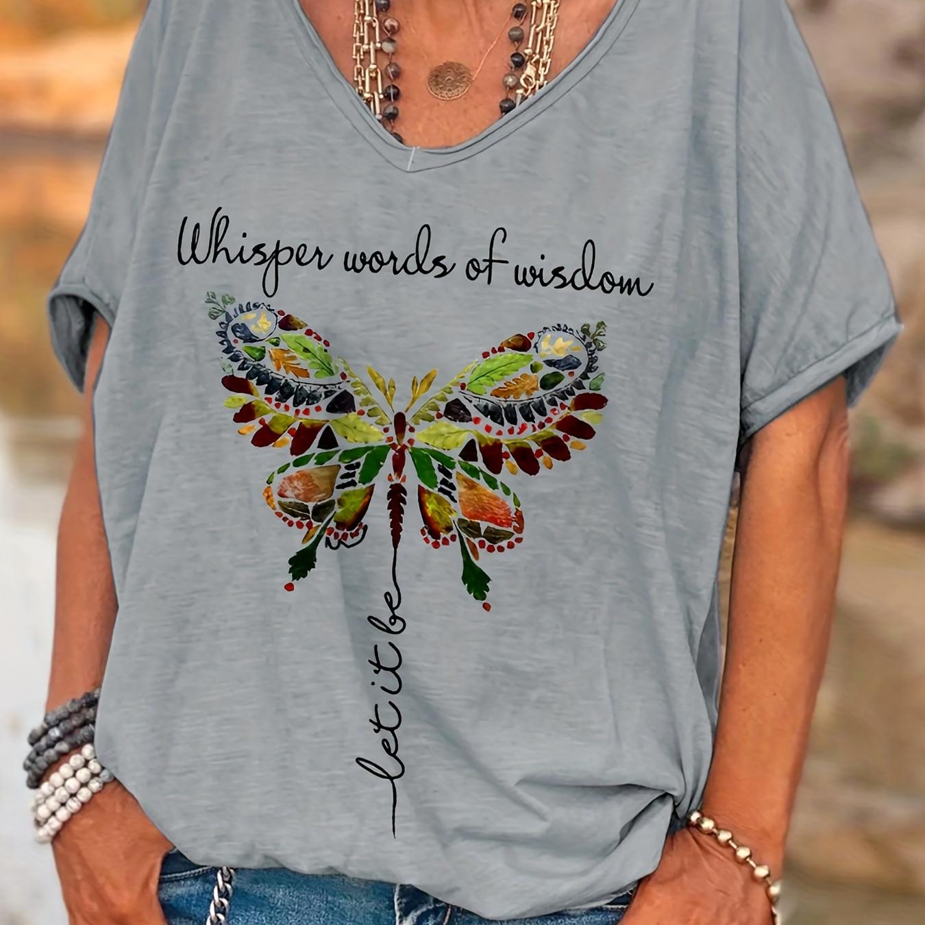 

Шикарная футболка с бабочкой - V-образный вырез, короткий рукав и эластичная ткань для повседневного комфорта Футболки 7XL