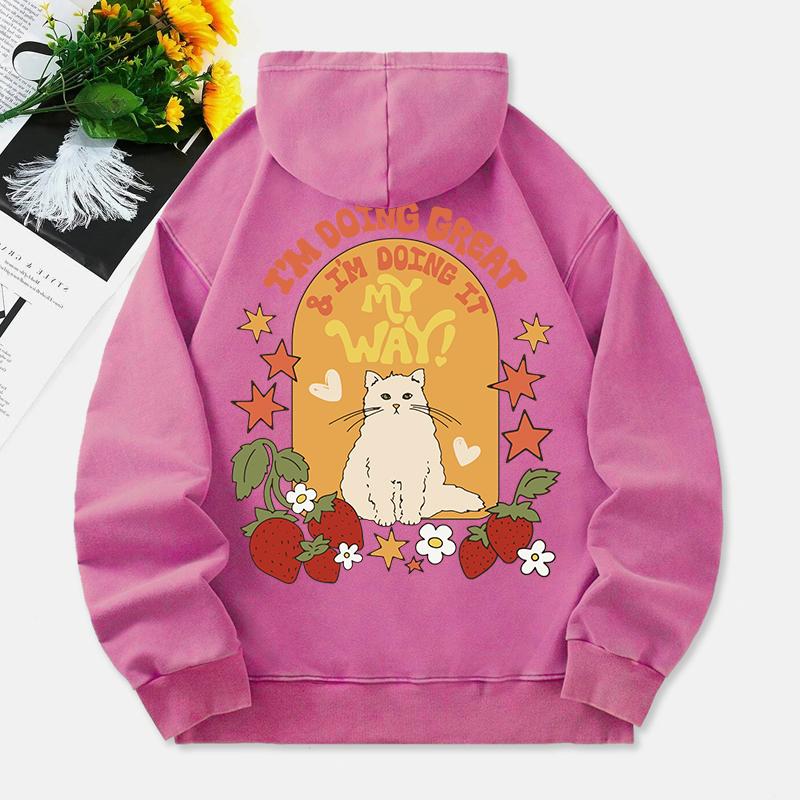 I'M Doing Great Washed Hoodies Women Cute Cat Prints Cotton Sweatshirts Distressed Pocket Oversize Hooded Clothes