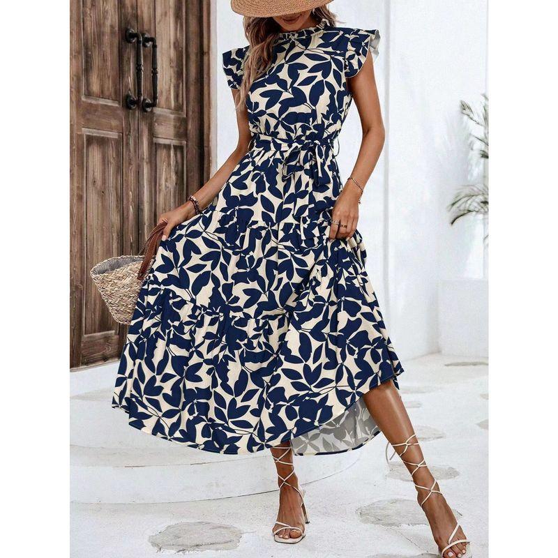 

Midi Skirt Waist-Tight Sleeveless Wooden Ear Fashion Style Export Summer Early Autumn Women s Clothing Ruched Dress Navy blue XL