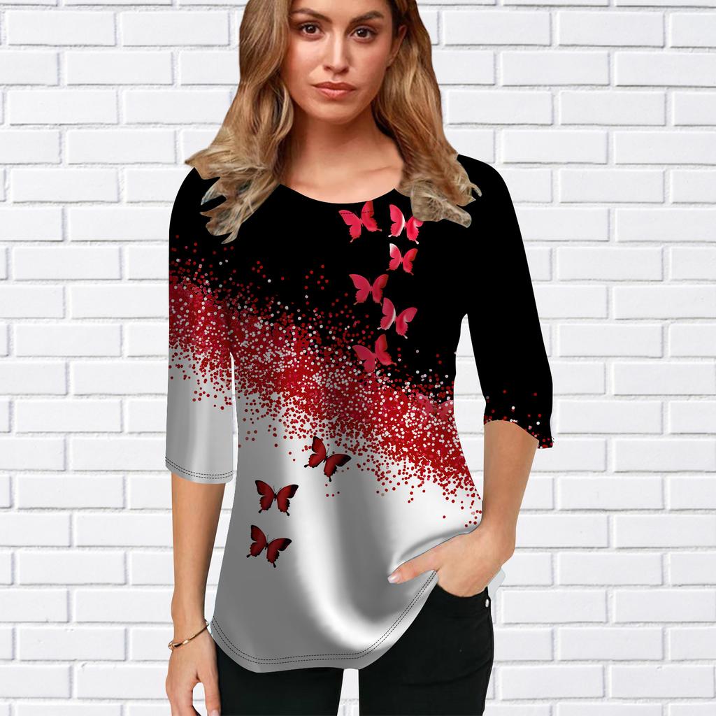 Womens Blouse 3D Oblique Butterfly Printing Flower Half Sleeve Tops Summer Casual Tops Printed Round Neck Half Sleeve T Shirt