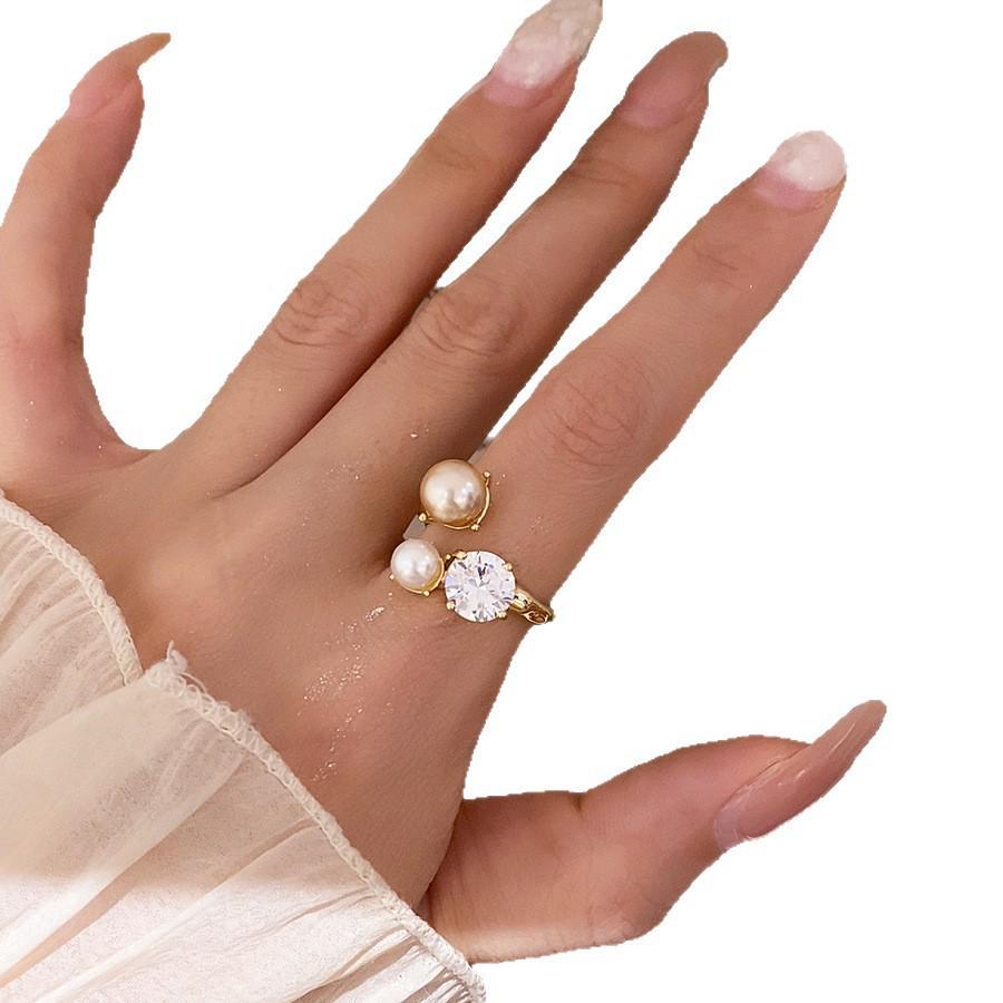 Luxury French Retro Pearl Diamond Zirconium Open Ring - Elegant High-End Index Finger Jewelry for Women