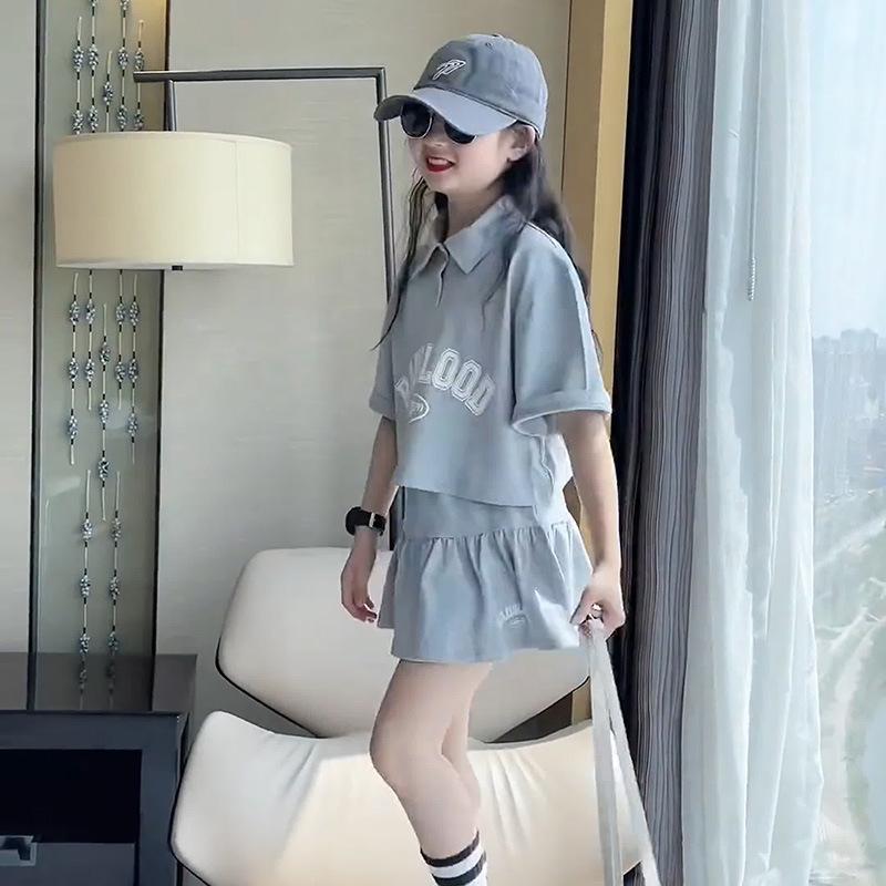 

Комплект летней рубашки ПОЛО и юбки в корейском стиле для девочек - Модная футболка с коротким рукавом, комплект из двух предметов для детей старшего возраста 140