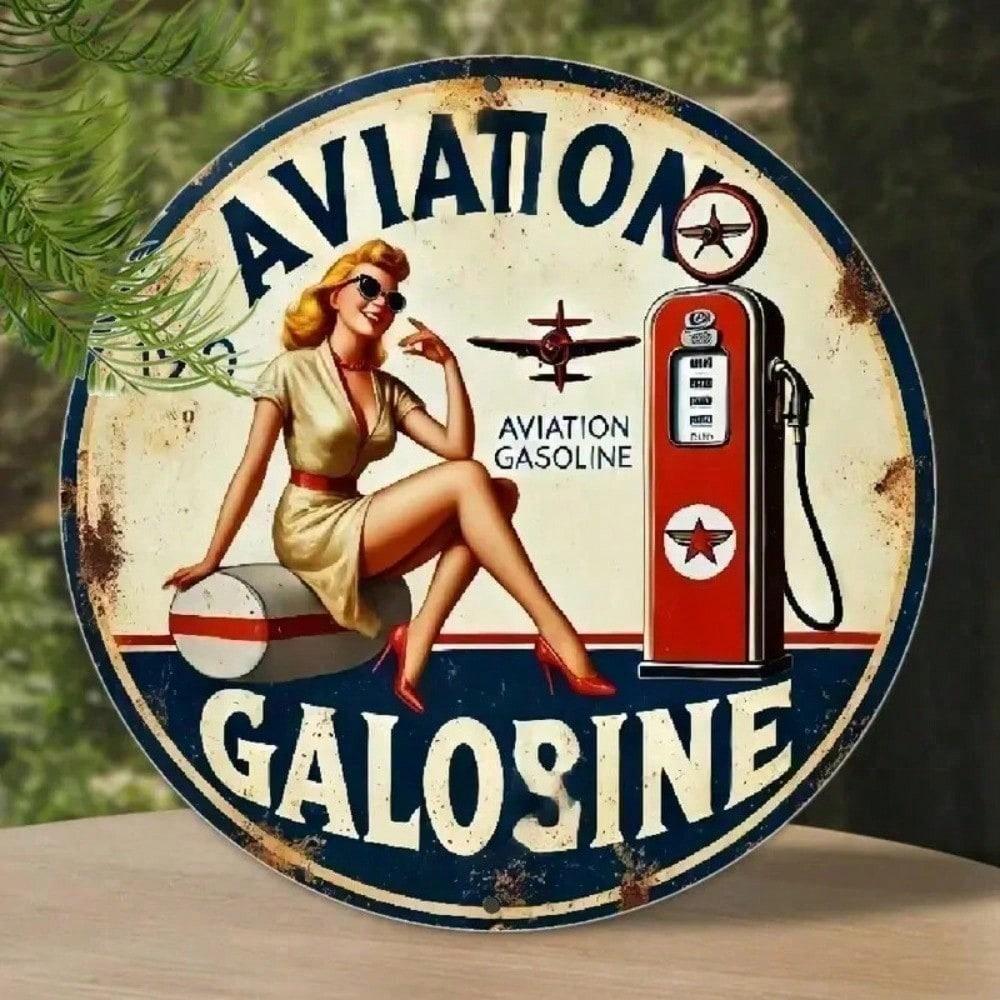 

Vintage Round Metal Tin Sign Gasoline Aviation Retro Wall Decor for Garage Bar Man Cave Heavy Duty Weatherproof