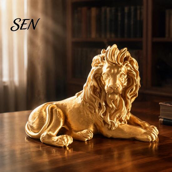 Gold Lion Figurine for Office Golden Lying Resin Figurine, 3D Printed Recumbent Statue, Decoration Sculpture Desk Bookshelf Wine Cabinet Tabletop