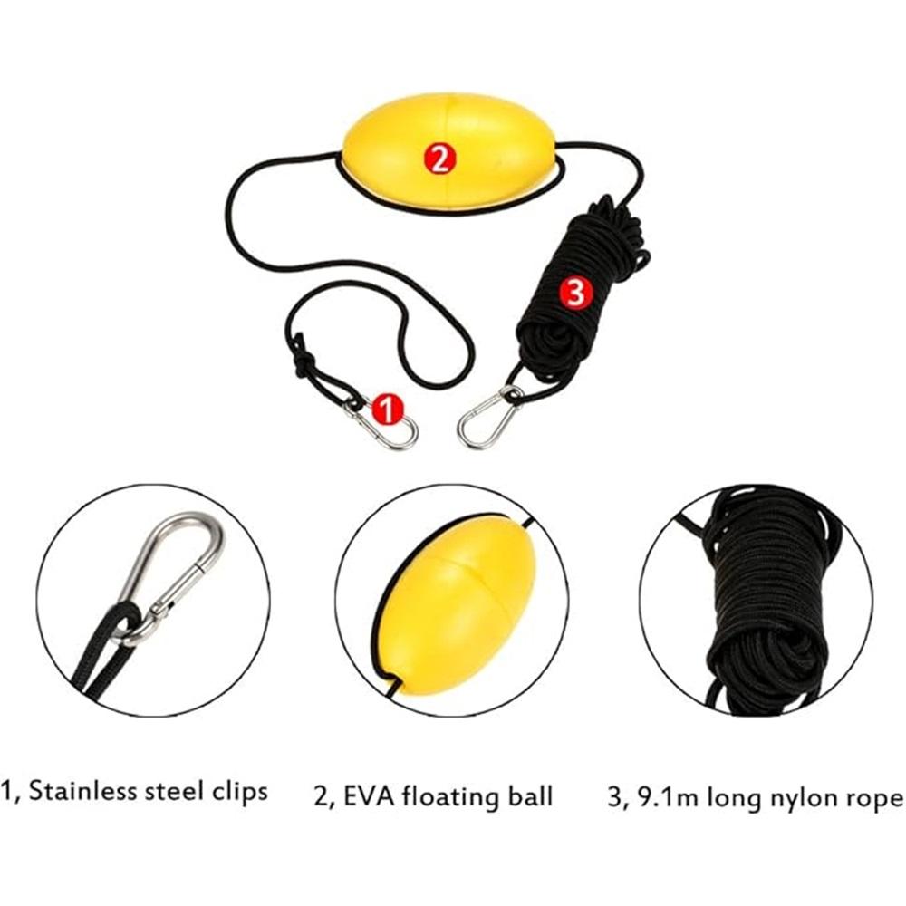 9.1m / 30ft Kayak Drift Anchor Tow Rope – Nylon Line With Stainless Steel Clips & EVA Foam Buoy, Kayak Accessory For Anchoring & Gear Float