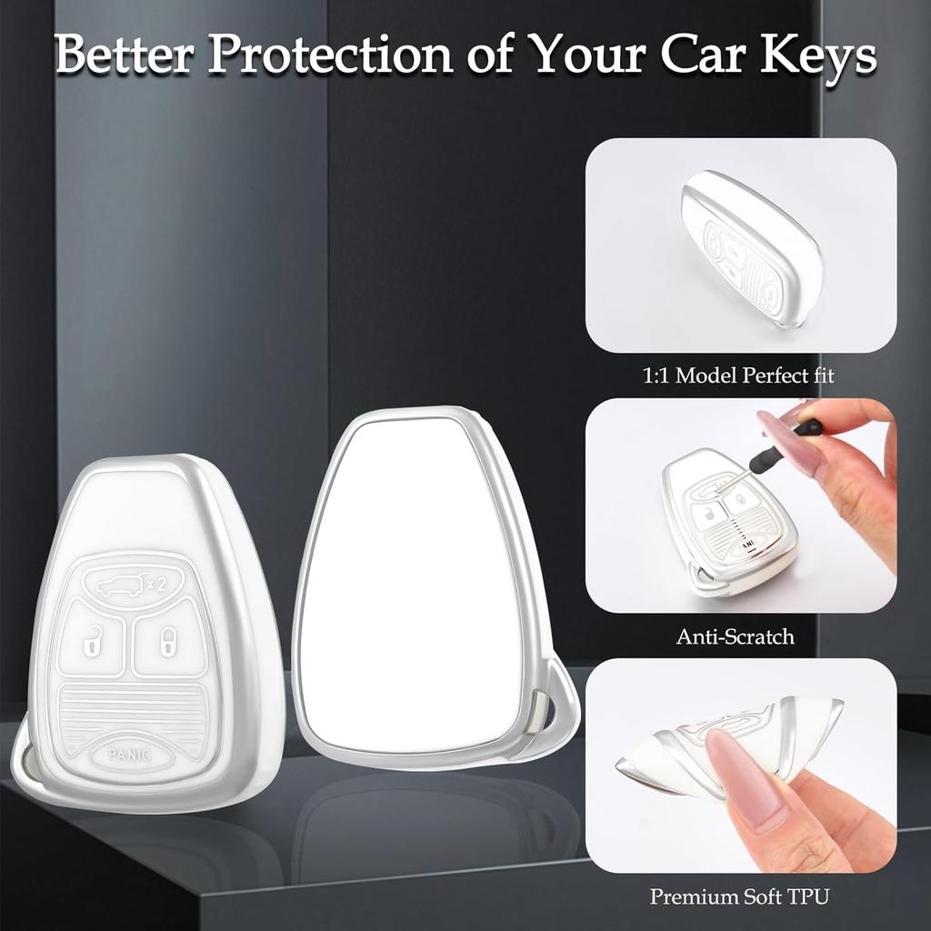 for Jeep Key Fob Cover with Leather Keychain, Soft TPU Key Case Protection Fit for Jeep Wrangler Compass Dodge Ram Durango Caliber Dakota Nitro