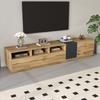 A modern TV stand in contrasting colors. With a simple, high-contrast design. With open compartments and cable openings. 200 cm