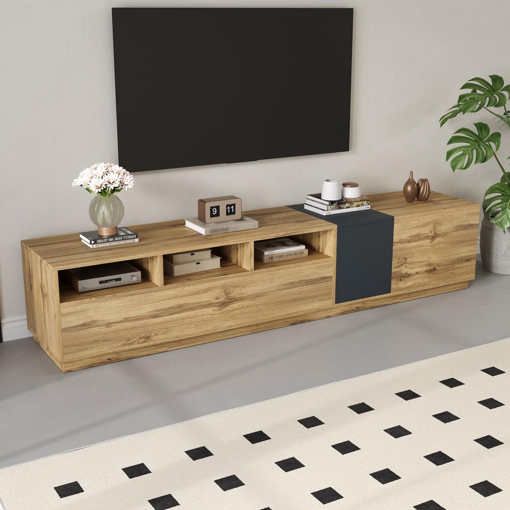 A modern TV stand in contrasting colors. With a simple, high-contrast design. With open compartments and cable openings. 200 cm