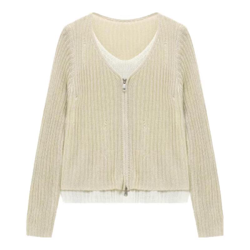Women's V-Neck Zipper Ribbed Fake Two-Piece Sweater