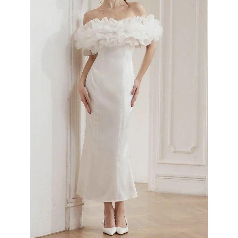 French Style Attractive off-Neck Design Organza Puffy Style Aura White Banquet Date Elegant Dress Long Dress
