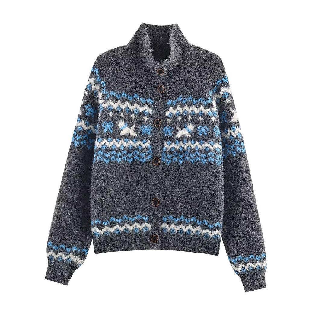 Høst 2025 Dame Cardigan i Jacquardstrik med Standkrave - Europæisk & Amerikansk Mode