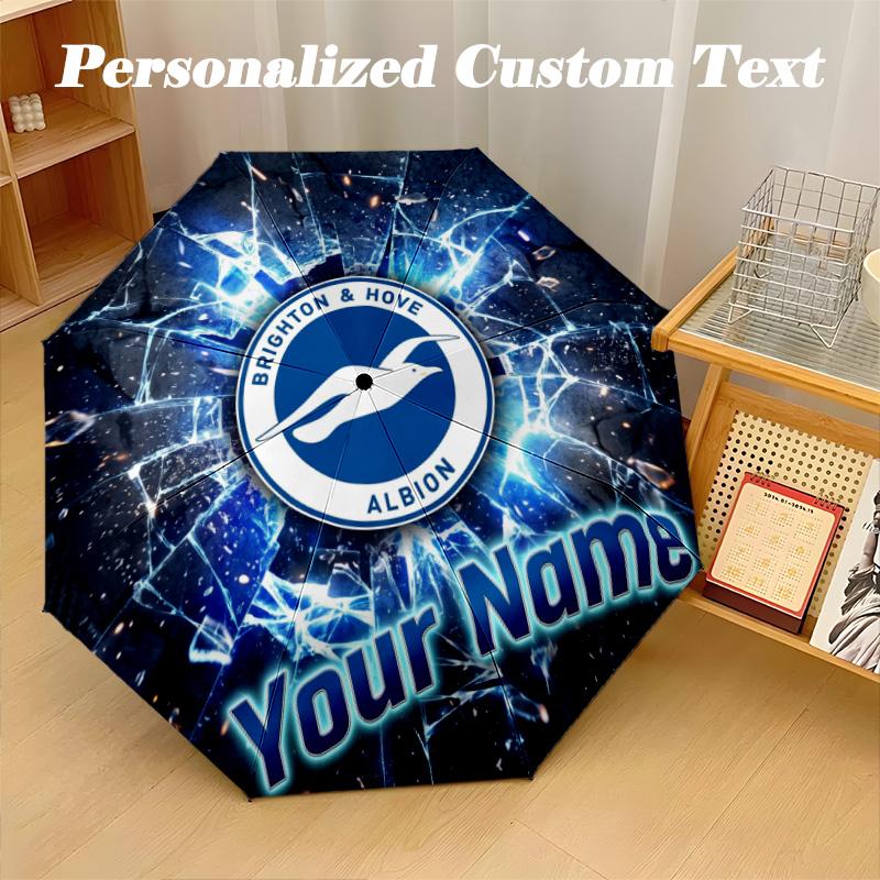 8 Rib Auto Folding Umbrella Brighton & Hove Albion Football Print Custom Name Text Portable Rain Gear