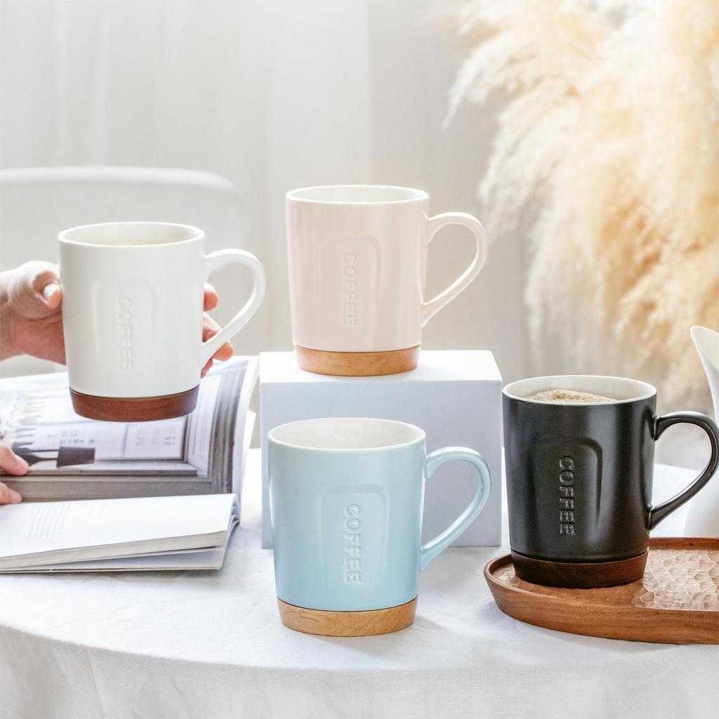 Modern Simple Office Coffee Cup with Wooden Mat Ceramic Relief Cup High Value Mug Home Exquisite Drinking Cup