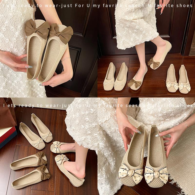 Lovely Sweet Flats for Women Summer Casual Slip on Round Toe Shoes for Women Solid Stretch Fabric Butterfly Knot Casual Shoes