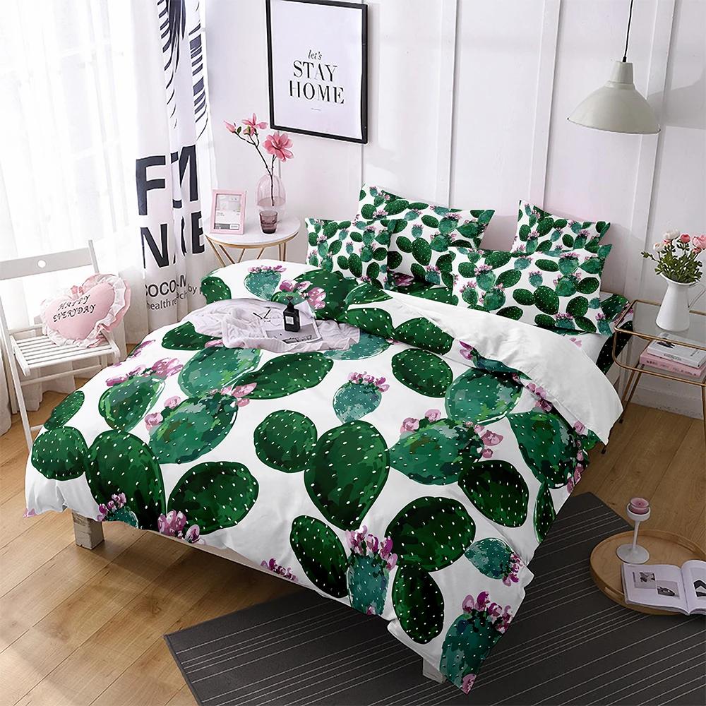 Cartoon Cactus King Queen Duvet Cover Succulent Plants Bedding Set For Adults Green Tropical Desert Plants Polyester Quilt Cover